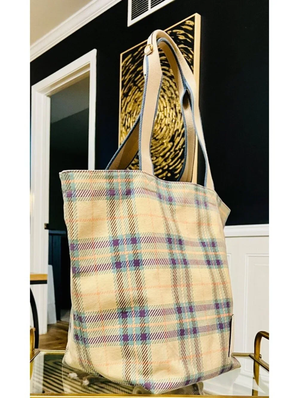 Authentic Tory Burch Plaid and Logo Reversable Carryall Shoulder Bag